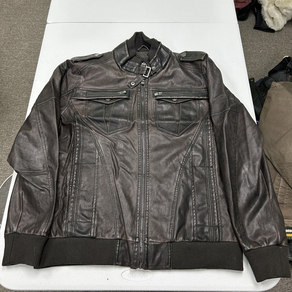 X-Ray Faux Leather Bomber Jacket Mens XL Brown Distressed Moto Buckle Neck